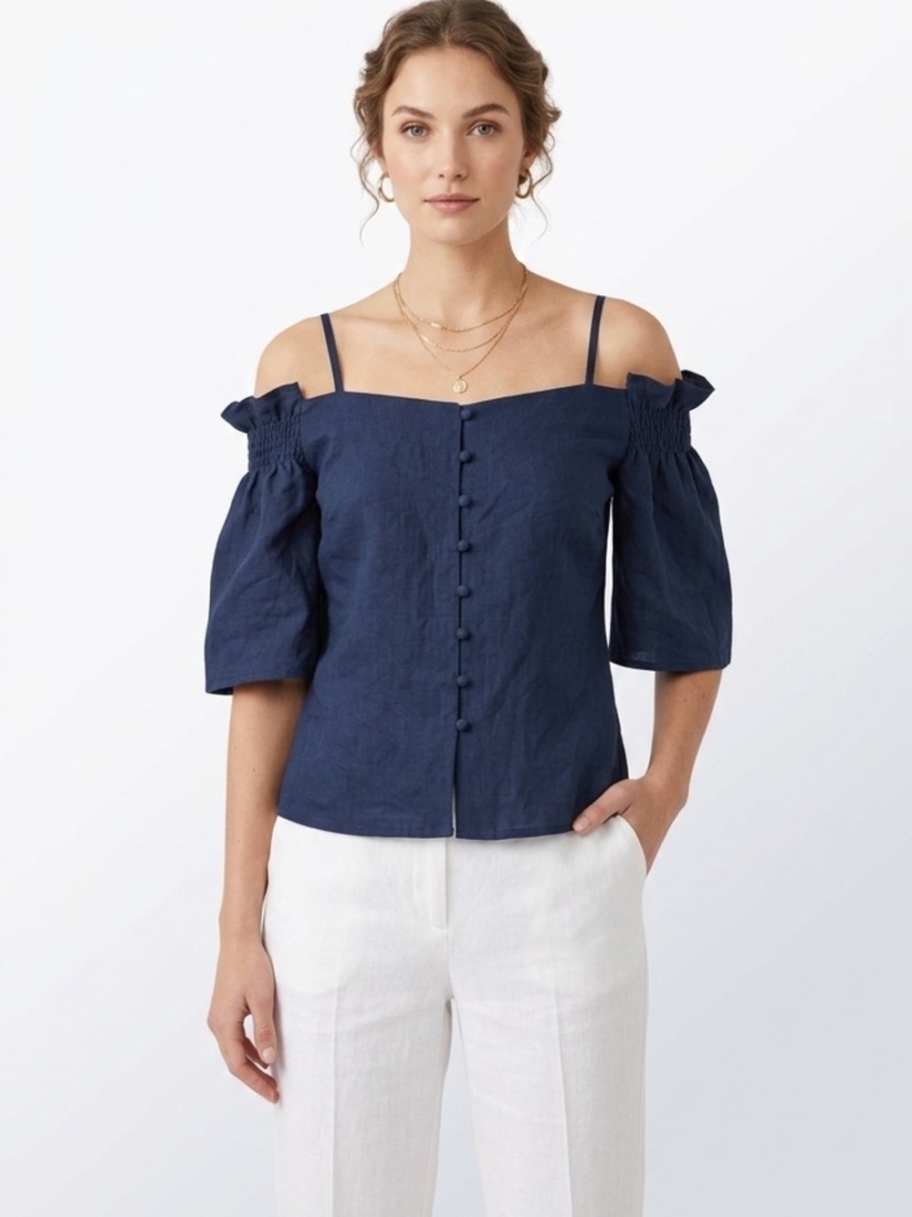 Navy Off-Shoulder Short Sleeve Decor Button Front Top Size Medium